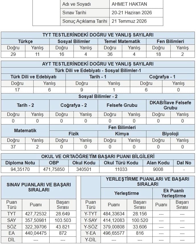 Haktan EA 816 · 2026 YKS sonuç belgesi